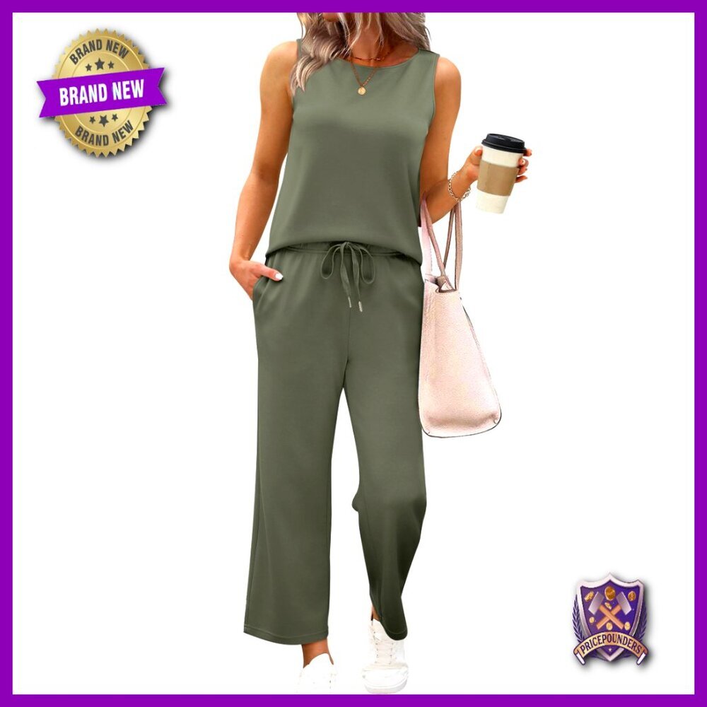 Women's Two Piece Set Wide Leg Crop Pants Crew Neck Top Summer Outfit